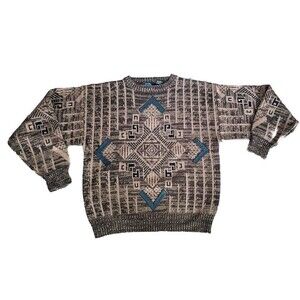 P.J. Henry Sweater Men's Size Large Black Brown Vintage 90's Leather Inserts